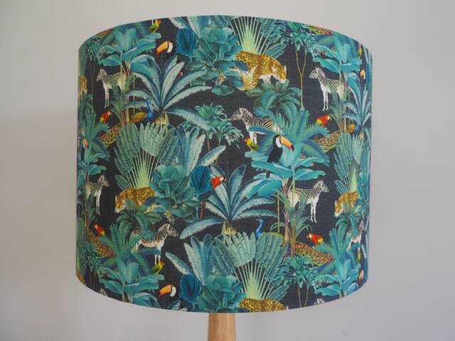 Wild Animals Lampshade Safari Jungle Exotic Print Green Black Leopard Zebra Handmade Fabric Drum Lamp Shade Ceiling Pendant Or Table Floor - image 1