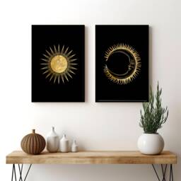 Sun & Moon Set Of 2 Framed Wall Art Prints For Living Room Decor, Black & Gold Extra Large Designer Gallery New Home Gift - thumbnail 1