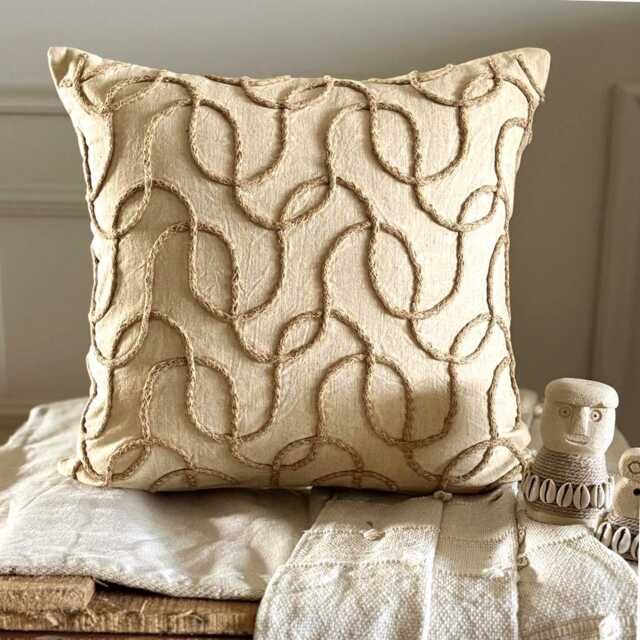 Beige Cotton Linen Abstract Pattern With Jute Lace, 16x16 Contemporary Throw Pillow Cover - Shoot - image 1