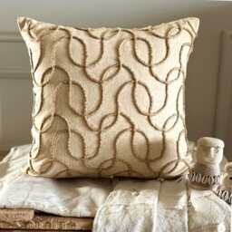 Beige Cotton Linen Abstract Pattern With Jute Lace, 16x16 Contemporary Throw Pillow Cover - Shoot - thumbnail 1