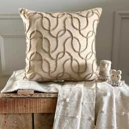 Beige Cotton Linen Abstract Pattern With Jute Lace, 16x16 Contemporary Throw Pillow Cover - Shoot - thumbnail 2