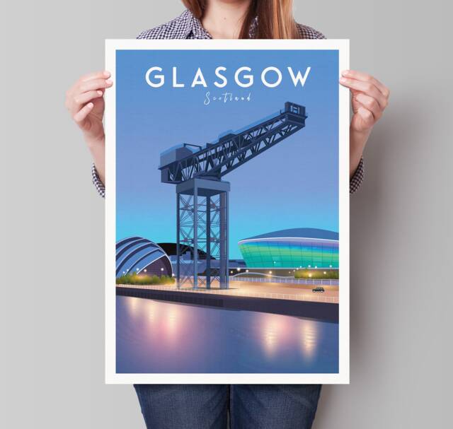 Glasgow Finnieston Travel Poster - Print Scottish Wall Art Historical Landmark Crane Sec Armadillo The Clyde Auditorium - image 1