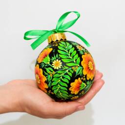 Ukrainian Christmas Tree Decor Ornament, Petrykivka Hand Painted Glass Bauble, Ornament Handmade Gift Black Decoration Marigold Flower - thumbnail 3
