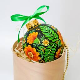 Ukrainian Christmas Tree Decor Ornament, Petrykivka Hand Painted Glass Bauble, Ornament Handmade Gift Black Decoration Marigold Flower - thumbnail 4