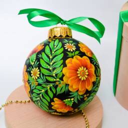 Ukrainian Christmas Tree Decor Ornament, Petrykivka Hand Painted Glass Bauble, Ornament Handmade Gift Black Decoration Marigold Flower - thumbnail 2