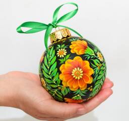 Ukrainian Christmas Tree Decor Ornament, Petrykivka Hand Painted Glass Bauble, Ornament Handmade Gift Black Decoration Marigold Flower