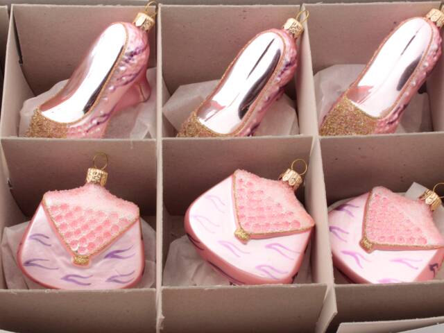Set 6 Blown Glass Pink Silver Shoe Bag Beaded Christmas Ornaments - image 1