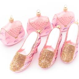 Set 6 Blown Glass Pink Silver Shoe Bag Beaded Christmas Ornaments - thumbnail 3
