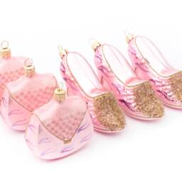 Set 6 Blown Glass Pink Silver Shoe Bag Beaded Christmas Ornaments - thumbnail 4