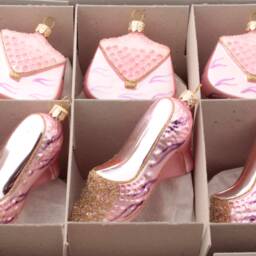 Set 6 Blown Glass Pink Silver Shoe Bag Beaded Christmas Ornaments - thumbnail 2