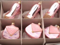 Set 6 Blown Glass Pink Silver Shoe Bag Beaded Christmas Ornaments
