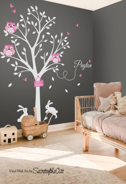 Tree With Owls Nursery Wall Decal - Personalized Name, Bunnies, Vinyl Decor - image 1