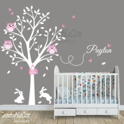 Tree With Owls Nursery Wall Decal - Personalized Name, Bunnies, Vinyl Decor - thumbnail 2