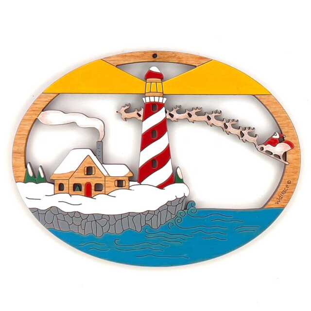 Lighthouse Winter Christmas Scene Ornament-Wood, Laser Cut, Hand Painted - image 1