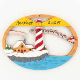 Lighthouse Winter Christmas Scene Ornament-Wood, Laser Cut, Hand Painted - thumbnail 2