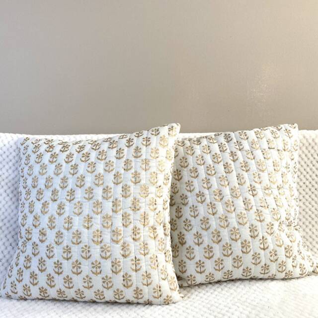 Cushion Cover, Throw Pillow Case, Cover, Block Print, White, Off White, Gold Leaf, Floral, 16 Inches, Accent Case Cushion, India Art Gift - image 1