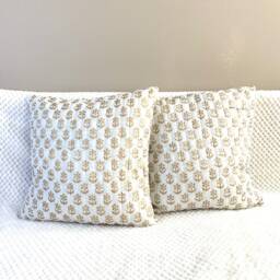 Cushion Cover, Throw Pillow Case, Cover, Block Print, White, Off White, Gold Leaf, Floral, 16 Inches, Accent Case Cushion, India Art Gift - thumbnail 2