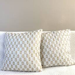 Cushion Cover, Throw Pillow Case, Cover, Block Print, White, Off White, Gold Leaf, Floral, 16 Inches, Accent Case Cushion, India Art Gift - thumbnail 1