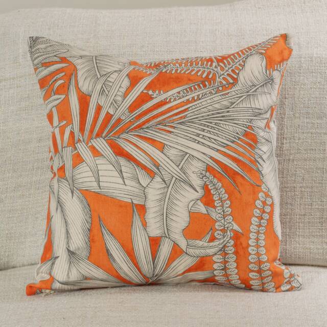 "Neon Orange Flowers & Leaves Cushion. Double Sided. Botanical Floral Design On A Striking Orange Background. 17""x17"