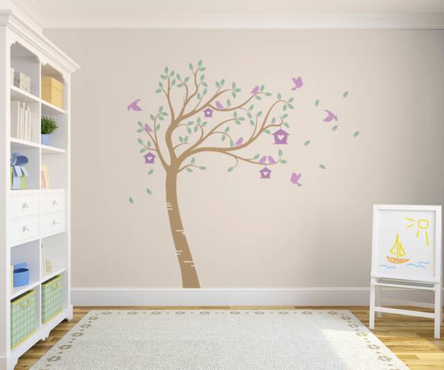 Birdhouse Tree Vinyl Wall Decal Custom Color Nursery Decor - image 1