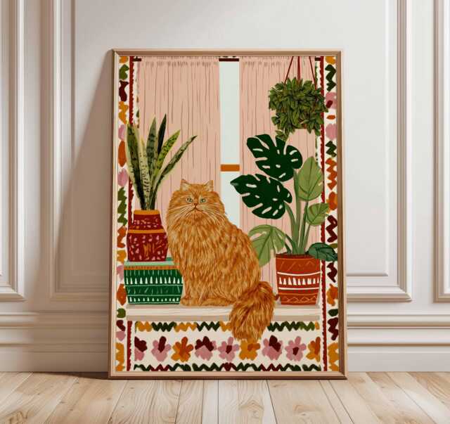 Ginger Cat Wall Art Print, Boho Botanical Poster With Houseplants, Cozy Feline Illustration, Colorful Home Decor - image 1