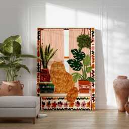 Ginger Cat Wall Art Print, Boho Botanical Poster With Houseplants, Cozy Feline Illustration, Colorful Home Decor - thumbnail 2