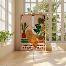 Ginger Cat Wall Art Print, Boho Botanical Poster With Houseplants, Cozy Feline Illustration, Colorful Home Decor - thumbnail 3