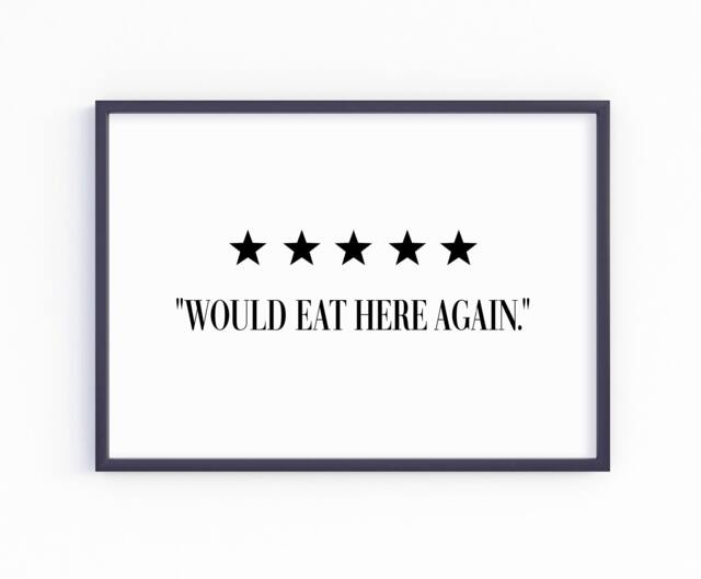 Would Eat Here Again Print, Kitchen Prints, Funny Wall Art, Poster, Sign, 5 Star Food, Good Food Dining Room, Home Decor