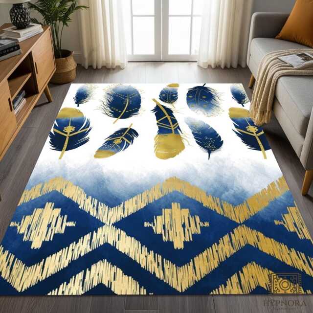 Navy Gold Feather Area Rug, Boho Tribal Washable Mat - image 1