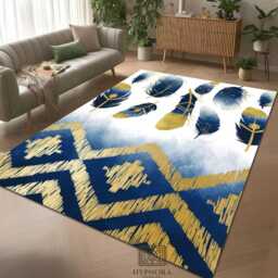 Navy Gold Feather Area Rug, Boho Tribal Washable Mat - thumbnail 2
