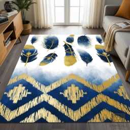 Navy Gold Feather Area Rug, Boho Tribal Washable Mat