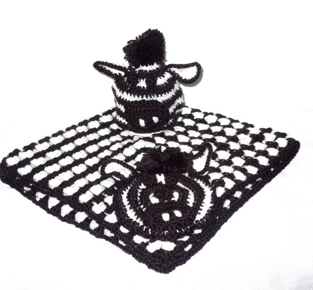 Crochet Baby Blanket, Hat Set, Newborn, Zebra, Black, White, Shower Gift - image 1