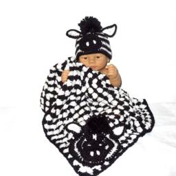Crochet Baby Blanket, Hat Set, Newborn, Zebra, Black, White, Shower Gift - thumbnail 4