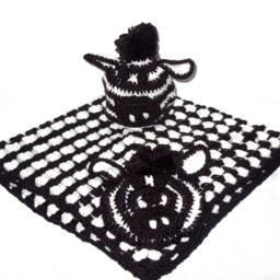 Crochet Baby Blanket, Hat Set, Newborn, Zebra, Black, White, Shower Gift - thumbnail 3