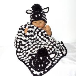 Crochet Baby Blanket, Hat Set, Newborn, Zebra, Black, White, Shower Gift - thumbnail 2