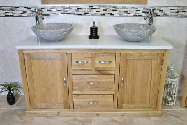 Solid Oak Bathroom Double Vanity Unit Cabinet White Quartz Marble Basin Set 603Wqsbc - image 1