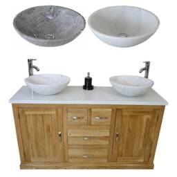 Solid Oak Bathroom Double Vanity Unit Cabinet White Quartz Marble Basin Set 603Wqsbc - thumbnail 2