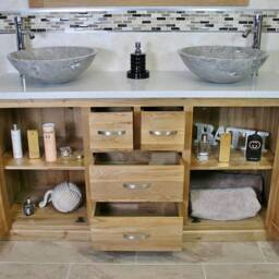 Solid Oak Bathroom Double Vanity Unit Cabinet White Quartz Marble Basin Set 603Wqsbc - thumbnail 3