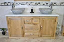 Solid Oak Bathroom Double Vanity Unit Cabinet White Quartz Marble Basin Set 603Wqsbc - thumbnail 1