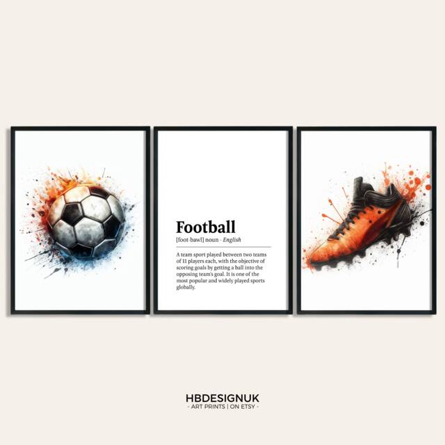 Football Posters Set - Of 3 Prints - Gifts Watercolor For Boys Bedroom Soccer Kids Wall Art Definiton Print