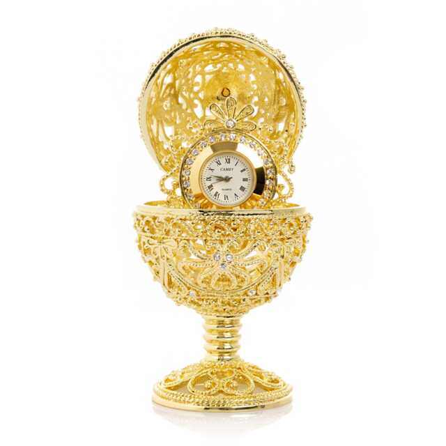 Gold Faberge Egg Trinket Box With Clock, Swarovski Crystals - image 1