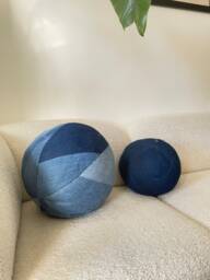 Denim Ball Pillow Patchwork Throw Pillow, Sphere Pillow - thumbnail 1