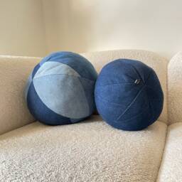 Denim Ball Pillow Patchwork Throw Pillow, Sphere Pillow - thumbnail 2