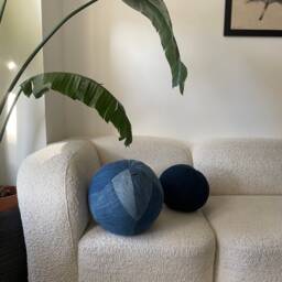 Denim Ball Pillow Patchwork Throw Pillow, Sphere Pillow - thumbnail 4