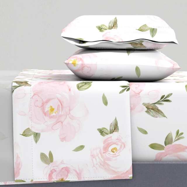 Floral Sheets - Blush Olive Leaves By Crystal_Walen Pink Pastel Roses White Cotton Sateen Sheet Set Bedding Spoonflower - image 1