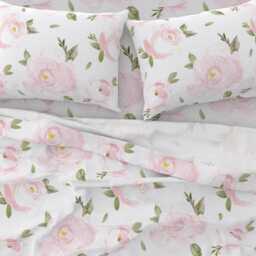 Floral Sheets - Blush Olive Leaves By Crystal_Walen Pink Pastel Roses White Cotton Sateen Sheet Set Bedding Spoonflower - thumbnail 3