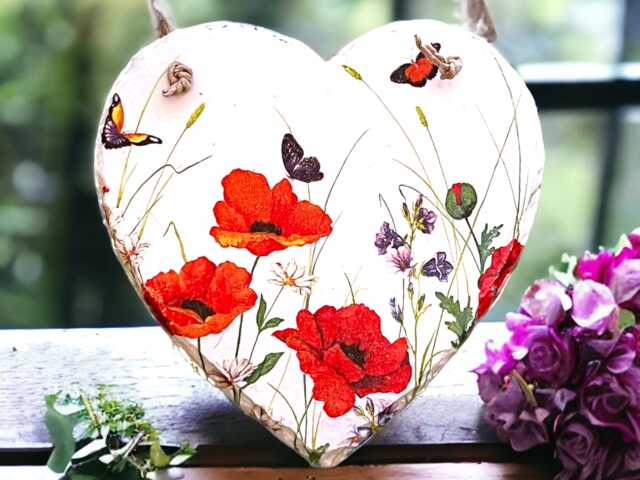 Hand-Painted Slate Poppy Heart Floral Wall Hanging, Memorial Plaque - image 1