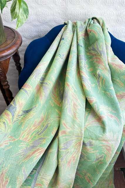 Vintage Handmade Kantha Stitch Sofa Throw - Beach Camper Van Quirky Colours Sea Green Blue Floral - image 1