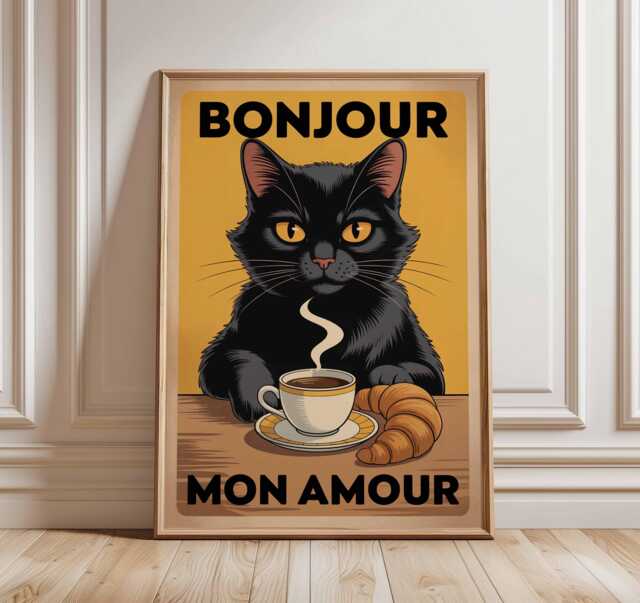 Bonjour Mon Amour Black Cat Coffee Croissant Poster, Retro Graphic Art, French Kitchen Wall Decor Lover Gift - image 1
