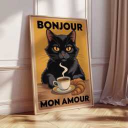 Bonjour Mon Amour Black Cat Coffee Croissant Poster, Retro Graphic Art, French Kitchen Wall Decor Lover Gift - thumbnail 2